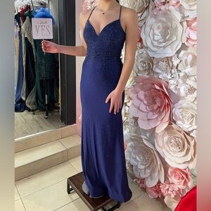 Navy Beaded Spaghetti-Strap prom Gown